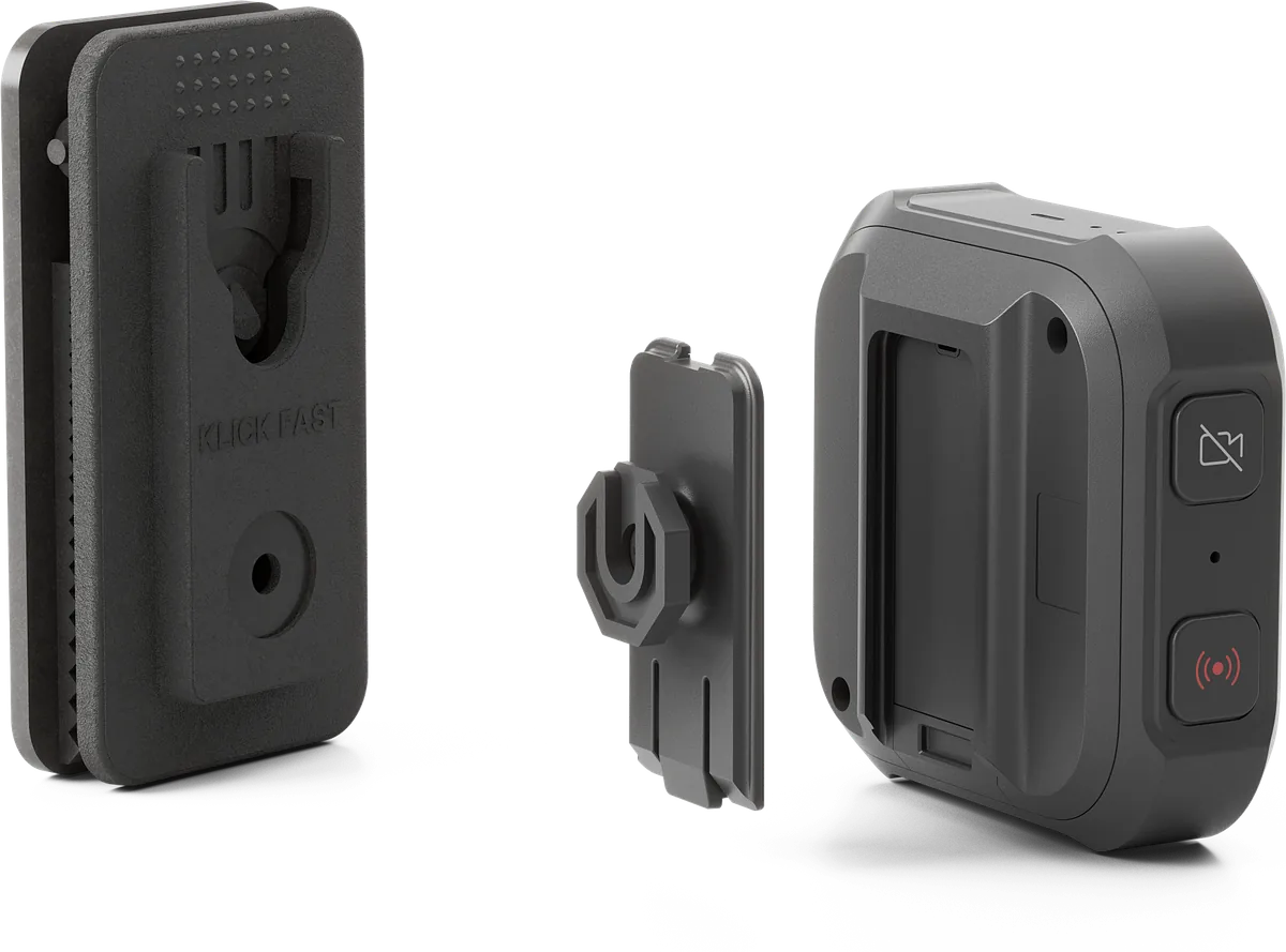 Klick Fast crocodile clip and adapter beside the Antare Body-worn Camera Pro.