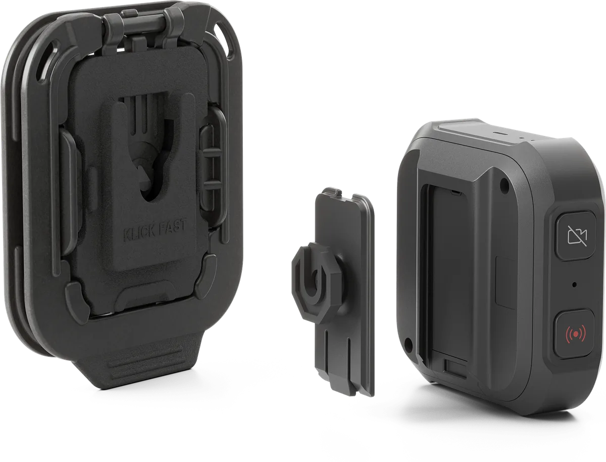 Klick Fast clamp and adapter beside the Antare Body-worn Camera Pro.