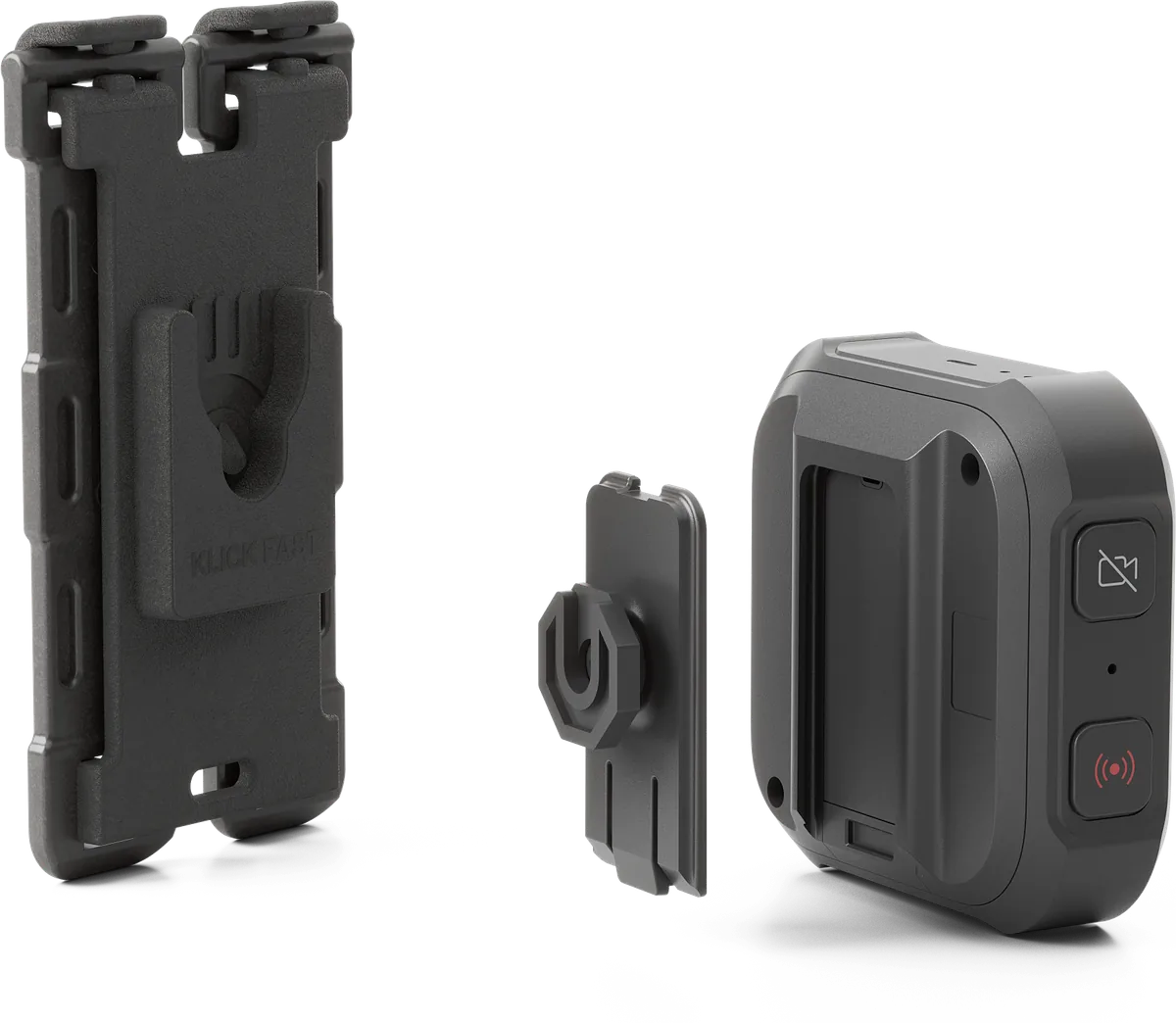 Klick Fast Molle dock and adapter beside the Antare Body-worn Camera Pro.