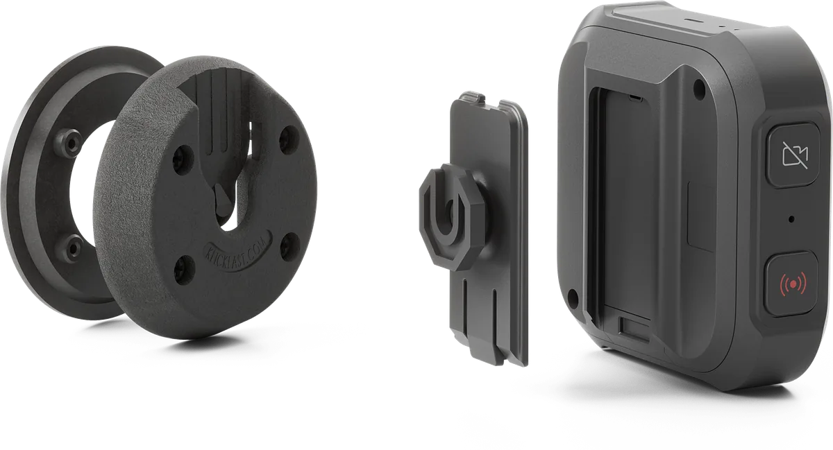 Klick Fast screw-to-fit dock and adapter beside the Antare Body-worn Camera Pro.