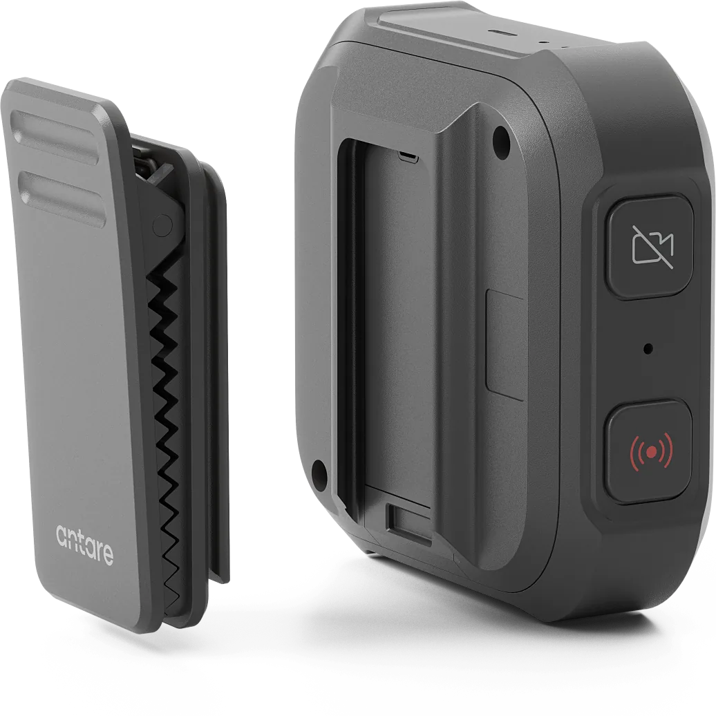 Slide Lock crocodile clip beside the Antare Body-worn Camera Pro.