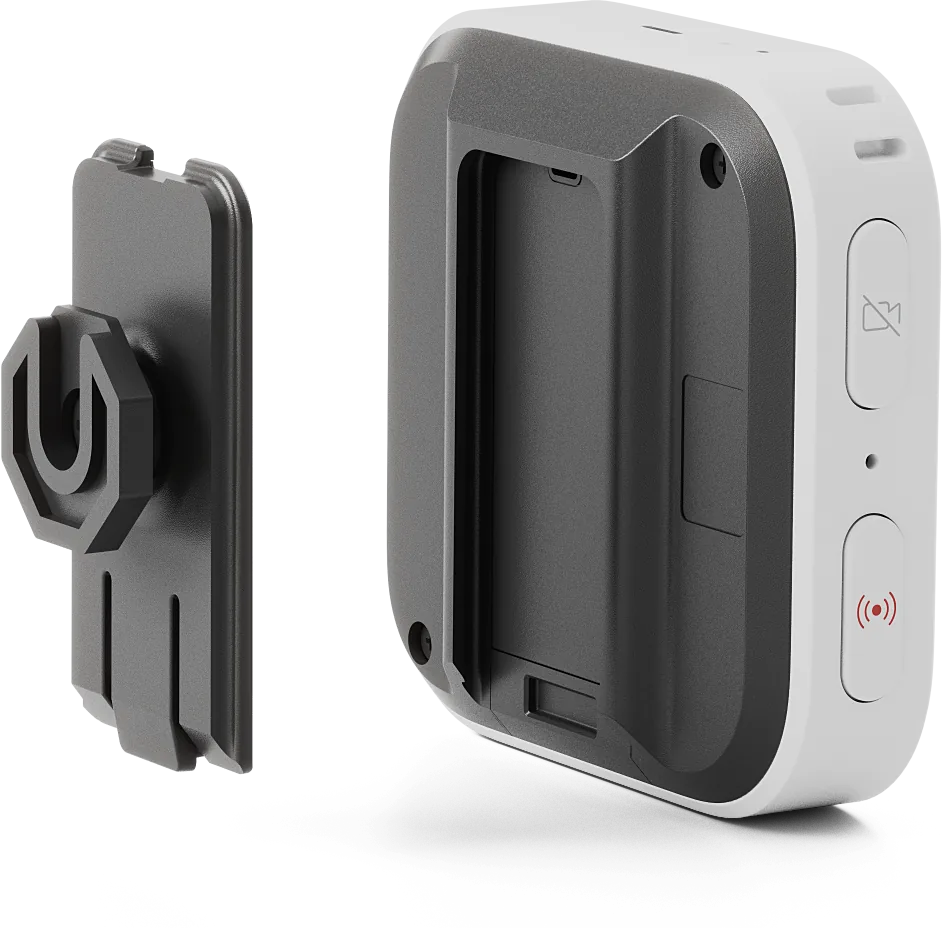 Slide Lock Klick Fast Adapter beside the Antare Body-worn Camera Compact.